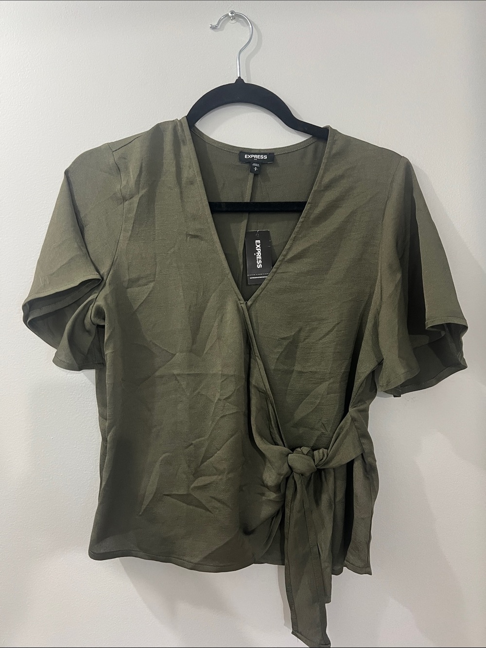 Express Olive Green Wrap Tie Blouse with Flutter Sleeves